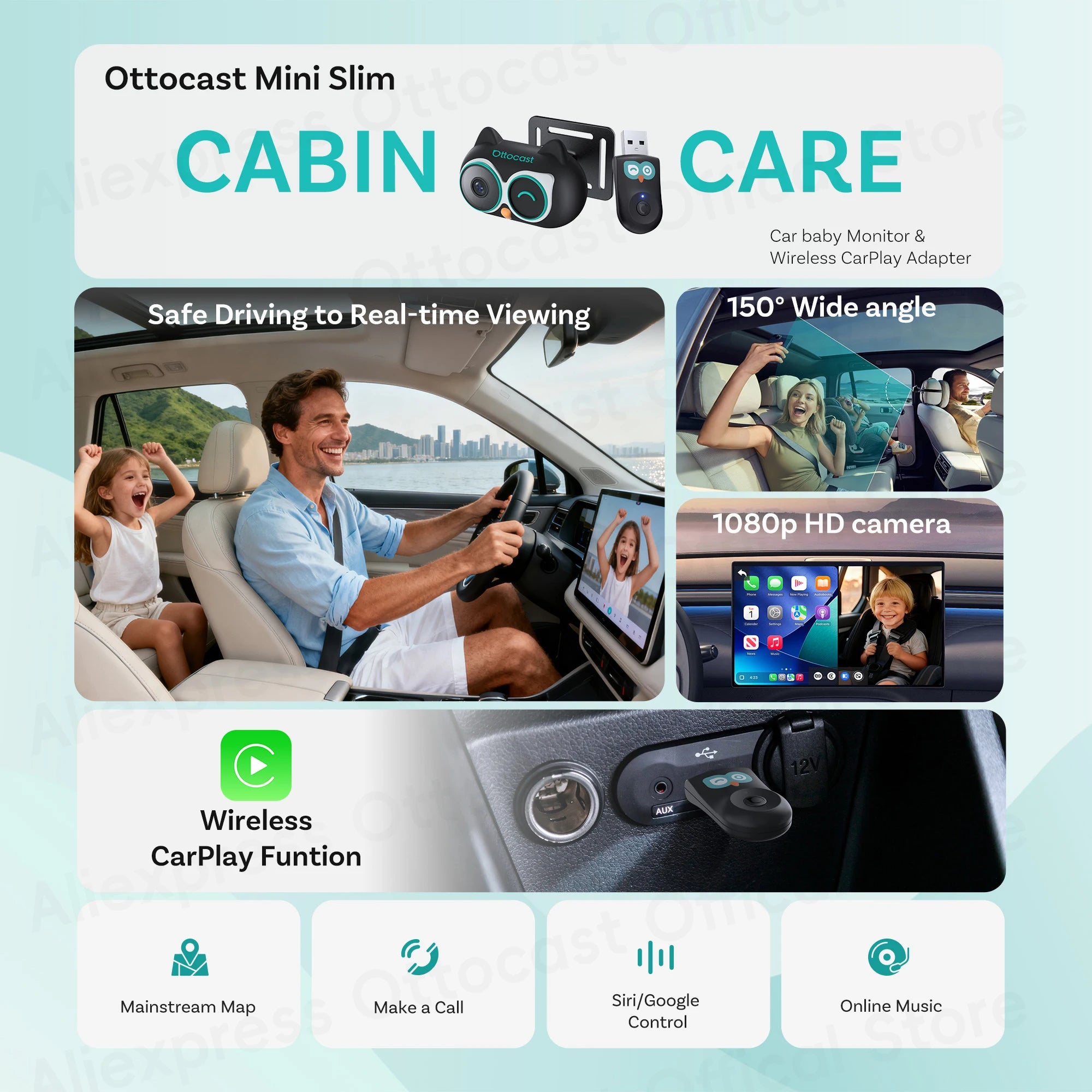 Ottocast Cabin Care Adapter Wireless CarPlay Car HD Camera for Baby Kids Car Accessories for Hyundai Benz Audi Chevrolet Kia