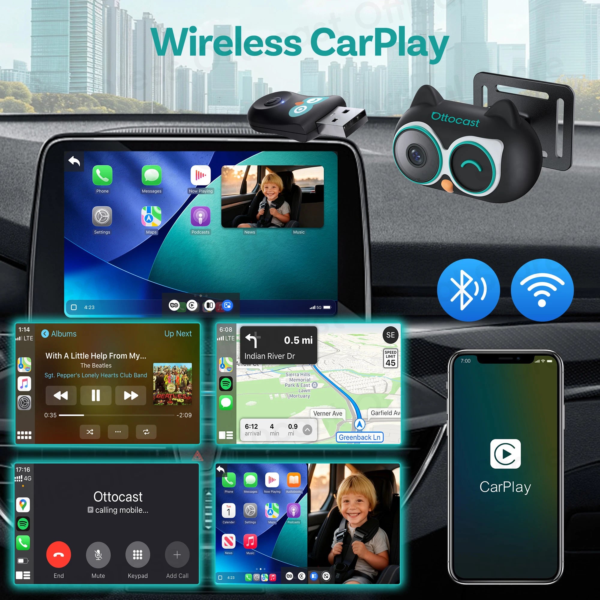 Ottocast Cabin Care Adapter Wireless CarPlay Car HD Camera for Baby Kids Car Accessories for Hyundai Benz Audi Chevrolet Kia