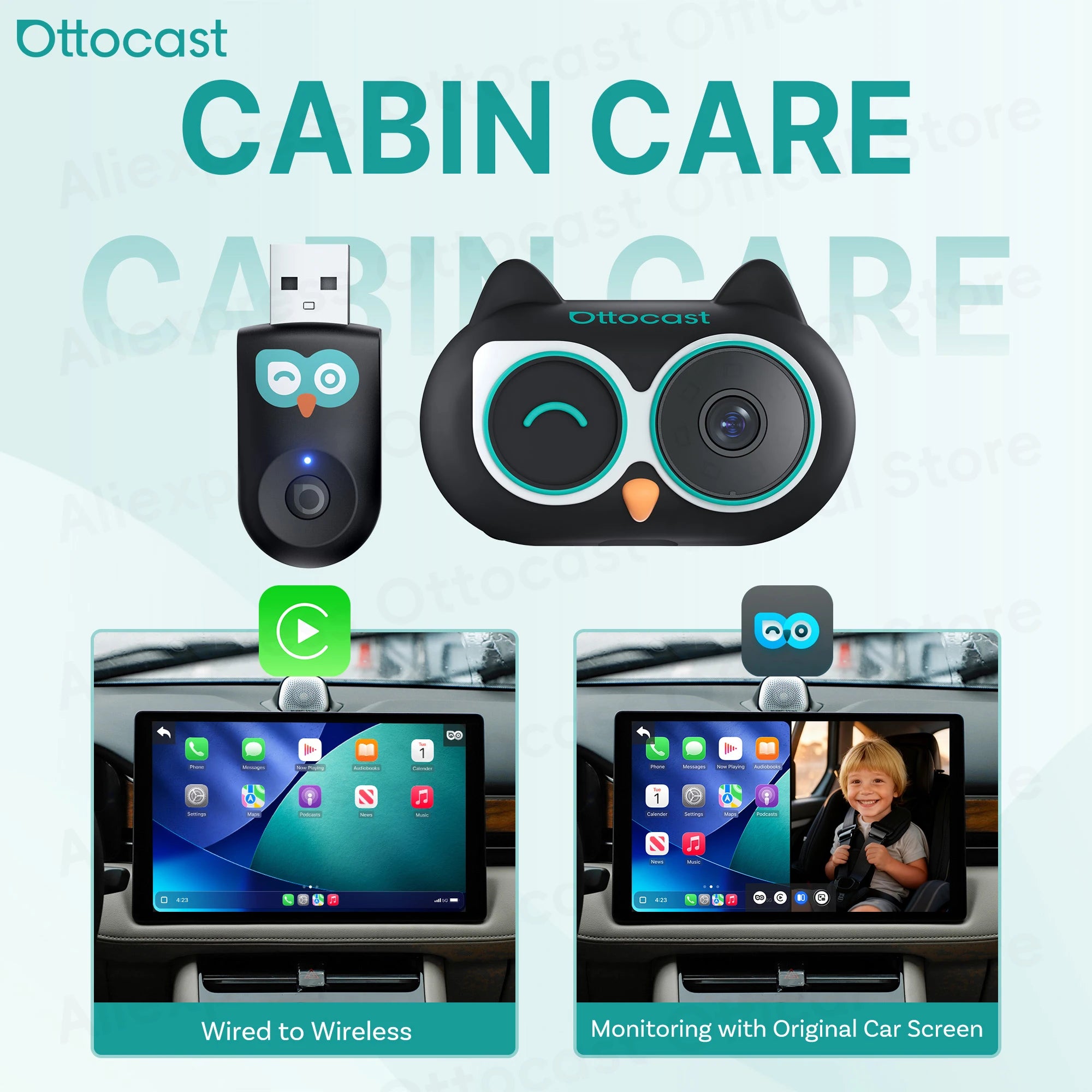 Ottocast Cabin Care Adapter Wireless CarPlay Car HD Camera for Baby Kids Car Accessories for Hyundai Benz Audi Chevrolet Kia